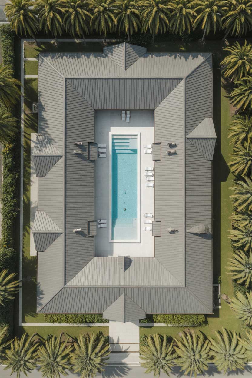 Top-down aerial view of a luxury residential property with a modern metal roof and central pool courtyard, highlighting precision installation and reliable Roof Repair Fellsmere, FL services.