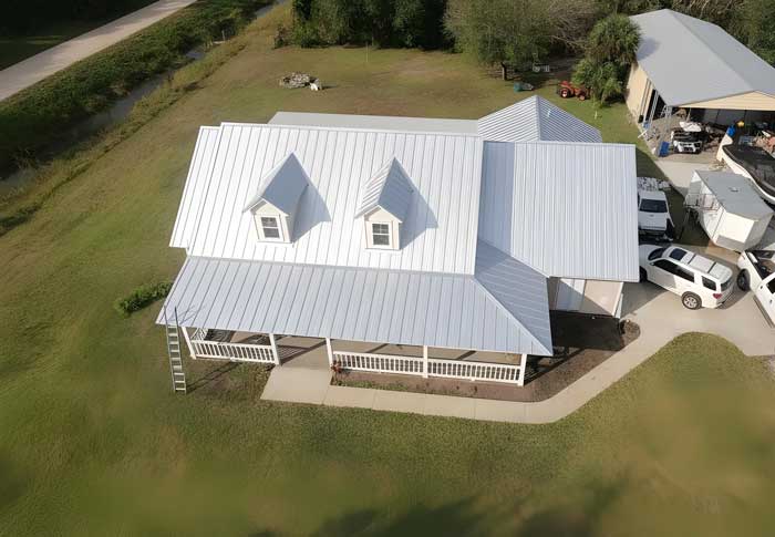 Aerial view of a residential home with a newly installed standing seam metal roof and covered porch, showcasing durable construction and professional Roof Repair Palm Bay, FL services.