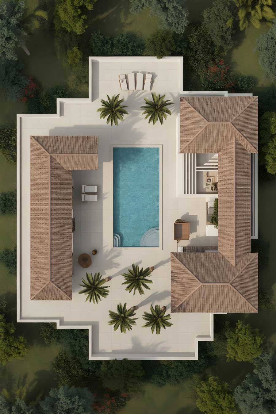 Top-down aerial view of a luxury residential property with tiled roofs and a central pool courtyard, highlighting precise roof layout and dependable Roof Repair Palm Bay, FL services.