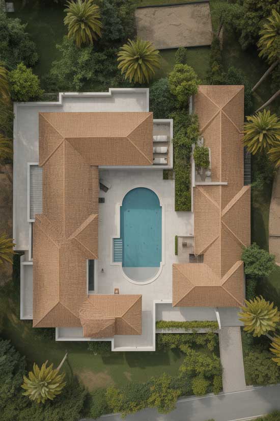 Top-down aerial view of a luxury residential home with tiled roofing and a central pool courtyard, showcasing detailed roof structure and professional Roof Repair Palm Bay, FL services.